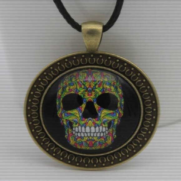 Rose Sugar Skull Cabochon Unisex Pendant Necklace - Picture 3 of 5